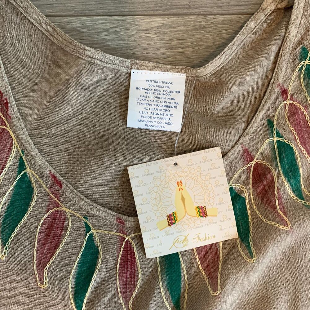 Boho Women Butterfly Embroidered Handkerchief Hem Dress Brown Artsy Festival XL - Picture 7 of 7